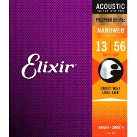 ELIXIR 16102 NANOWEB Комплект струн для акустической гитары, Medium, фосфорная бронза, 13-56