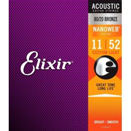 ELIXIR 11027 NANOWEB Набор 6 струн для гитары Акустик, Бронза,Custom Light 011-052