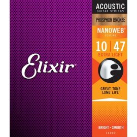 ELIXIR 16002 NANOWEB струны для акустической гитары Phos Bronze,Extra Light (010-014-023-030-039-047), ультра тонкое покрытие NanoWeb, фосфорная бронза