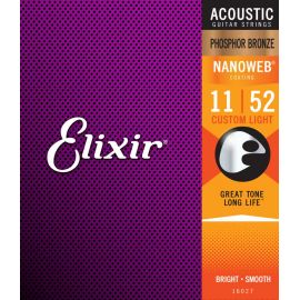 ELIXIR 16027 NANOWEB струны для акустической гитары, Phos Bronze Custom Light (011-015-022-032-042-052), ультра тонкое покрытие NanoWeb, фосфорная бронза