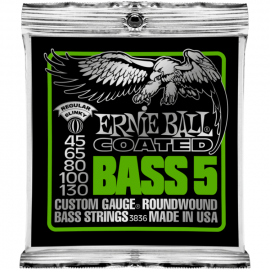 ERNIE BALL 3836 струны для 5-струнной бас-гитары Coated Bass Regular Slinky 5 (45-65-80-100-130) покрытые спец. сплавом