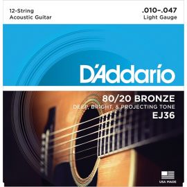 ​D'ADDARIO EJ36 BRONZE 80/20 Струны для акустической 12-струнной гитары бронза Light 10-47
