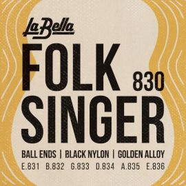 LA BELLA 830 Folksinger Комплект струн для классической гитары с наконечником "шарик". Верхние струны - черный нейлон,  басовые  - "золотая" оплетка