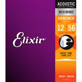 ELIXIR 11077 NANOWEB Комплект струн для акустической гитары, Light-Medium, бронза 80/20, 12-56