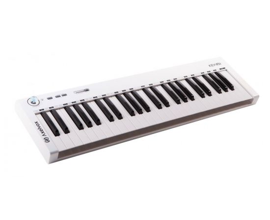 AXELVOX KEY49j white MIDI-клавиатура 4-октавная (49 клавиш) динамическая MIDI-клавиатура USB, 3 кнопки, джойстик (Pitch Bend и Modulation), 1 программируемый фейдер, вход Sustain педали, выключатель питания, питание от USB. Цвет белый.