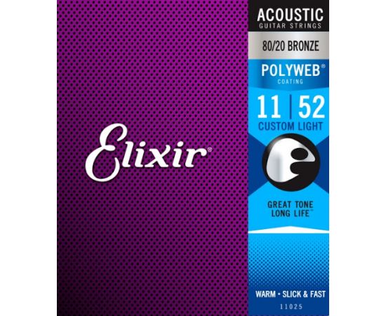 ELIXIR 11025 POLYWEB Комплект струн для акустической гитары, Custom Light, бронза 80/20, 11-52