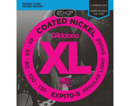 D'ADDARIO EXP170-5 Coated  Light, 45-130, Long Scale,Комплект струн для 5-струнной бас-гитары