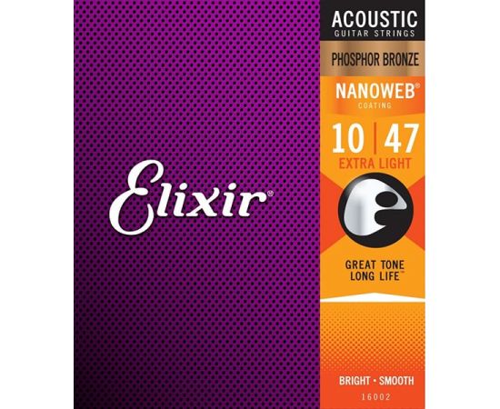 ELIXIR 16002 NANOWEB струны для акустической гитары Phos Bronze,Extra Light (010-014-023-030-039-047), ультра тонкое покрытие NanoWeb, фосфорная бронза