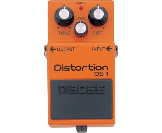 BOSS DS-1 педаль гитарная Distortion. Регуляторы: Gain, Level и Tone. Индикатор Check. Разъемы: вход