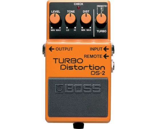 BOSS DS-2 эффект гитарный Turbo Distortion. Регуляторы: Level, Tone, Dist и Turbo. Индикатор Check .