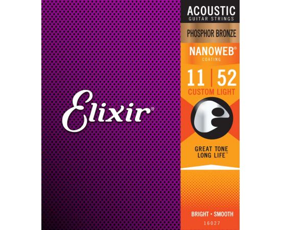 ELIXIR 16027 NANOWEB струны для акустической гитары, Phos Bronze Custom Light (011-015-022-032-042-052), ультра тонкое покрытие NanoWeb, фосфорная бронза