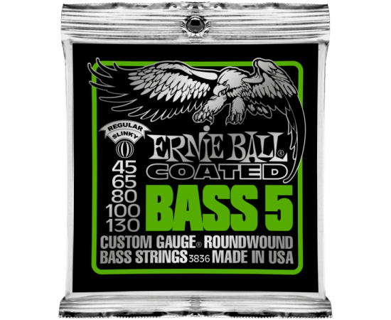 ERNIE BALL 3836 струны для 5-струнной бас-гитары Coated Bass Regular Slinky 5 (45-65-80-100-130) покрытые спец. сплавом