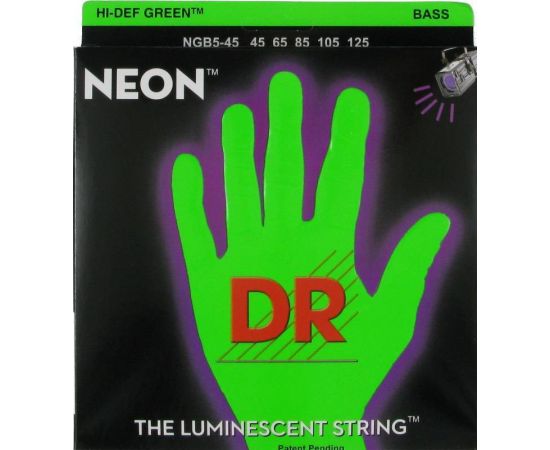 DR NGB5-45 Neon Green Комплект струн для 5-струнной бас-гитары, никелированные, с покрытием, 45-125