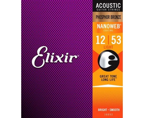 ELIXIR 16052 NANOWEB Комплект струн для акустической гитары, Light, фосфорная бронза, 12-53