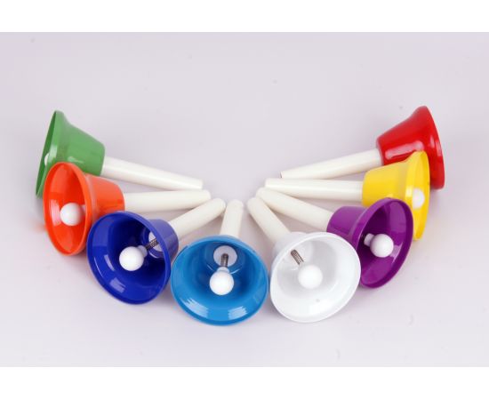 FLEET HB8 Цветные колокольчики с язычками, на ручках, 8шт по нотам  в упаковке. Диаметр 7см, высота с ручкой 13см