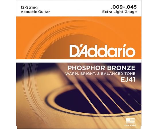 D'ADDARIO EJ41 Phosphor Bronze Комплект струн для акустической 12-струнной гитары, Extra Light, 9-45