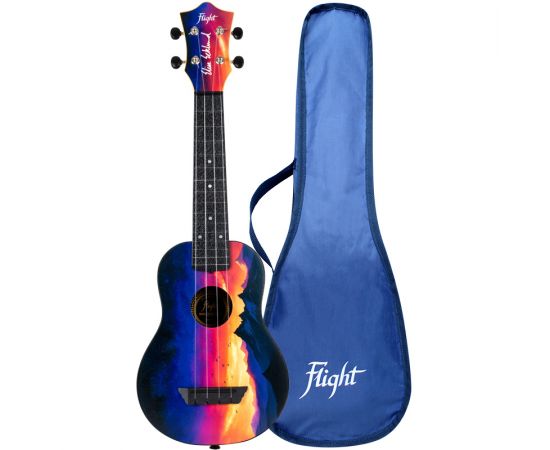 FLIGHT TUS-EE SUNSET укулеле сопрано, подписная Elise Ecklund, серия Travel, с рисунком закат, верхняя дека липа, корпус пластик