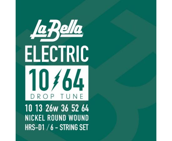 LA BELLA HRS-D1 Hard Rockin Steel Drop Six Комплект струн для электро-гитары. Верхние струны - сталь, басовые струны - стальной керн в никелированной оплетке. Обладают очень ярким и продолжительным звуком. 10-13-26w-36-52-64