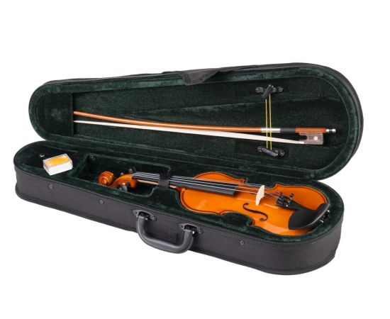 FLEET FLT-VP1/8 Скрипка ученическая в комплекте, верхняя и нижняя деки из ламината, гриф из клена, накладка грифа - ююба, смычок, канифоль и жесткий футляр в комплекте