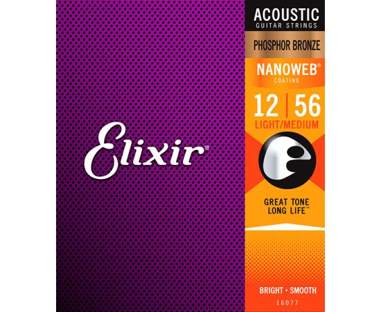 ELIXIR 16077 NANOWEB Комплект струн для акустической гитары, Light-Medium, фосфорная бронза, 12-56