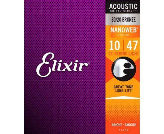 ELIXIR 11152 NANOWEB Комплект струн для 12-струнной акустической гитары, Light, бронза 80/20, 10-47