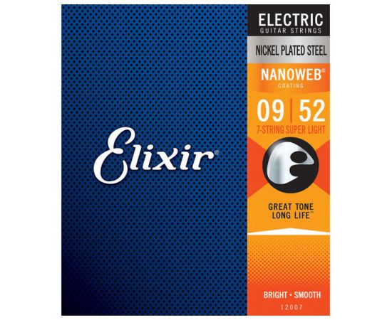 ELIXIR 12007 NANOWEB Комплект струн для 7-струнной электрогитары, никелированная сталь, Super Light 9-52
