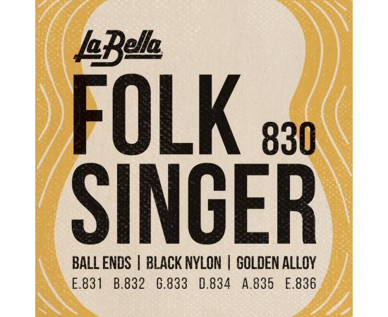 LA BELLA 830 Folksinger Комплект струн для классической гитары с наконечником "шарик". Верхние струны - черный нейлон,  басовые  - "золотая" оплетка
