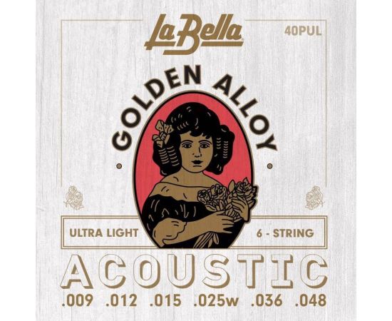 LA BELLA 40PUL Golden Alloy Комплект струн для акустической гитары, бронза, Ultra Light, 9-48