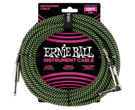 ERNIE BALL 6077 3.05М Кабель инструментальный, оплетёный, 3,05 м, прямой/угловой джеки, черный/зеленый