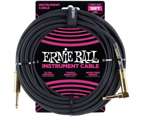 ERNIE BALL 6086 5.49М Кабель инструментальный, оплетёный, 5,49 м, прямой/угловой джеки, чёрный