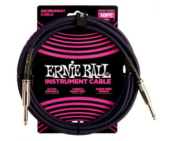 ERNIE BALL 6393 3.05М Кабель инструментальный, оплетёный, 3,05 м, прямой/угловой джеки, фиолетовый/черный