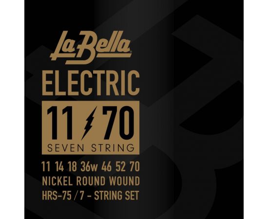 LA BELLA HRS-75 Hard Rockin Steel Комплект струн для 7-ми струнной электро-гитары. Верхние струны - сталь, басовые струны - стальной керн в никелированной оплетке. Обладают очень ярким и продолжительным звуком. 11-14-18-28-38-52-70