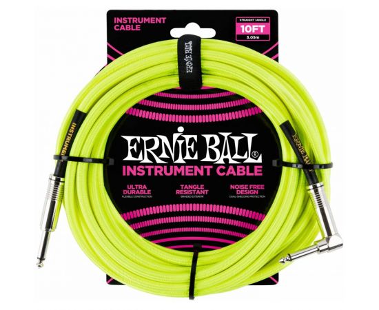 ERNIE BALL 6080, 3.05м Инструментальный кабель прямой/угловой джеки, желтый неон