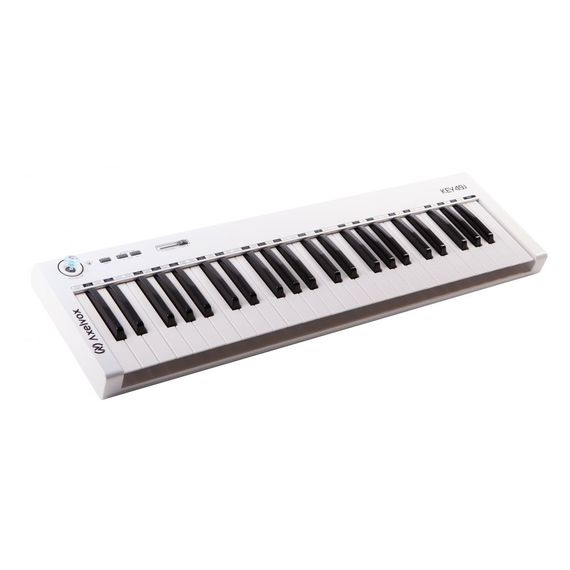 AXELVOX KEY49j white MIDI-клавиатура 4-октавная (49 клавиш) динамическая MIDI-клавиатура USB, 3 кнопки, джойстик (Pitch Bend и Modulation), 1 программируемый фейдер, вход Sustain педали, выключатель питания, питание от USB. Цвет белый.
