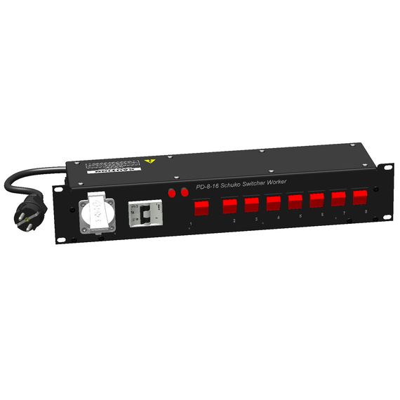Partner-LM PD-8 Switcher Schuko Power Distributor Дистрибьютор питания, свитчер, 8 розеток PCE Schuko 16A (одна на передней панели), индикация фазы и включения, ввод 220В 50Гц через 2-метровый резиновый кабель H07RN-F 3G2.5 и вилку PCE Schuko обрезиненную
