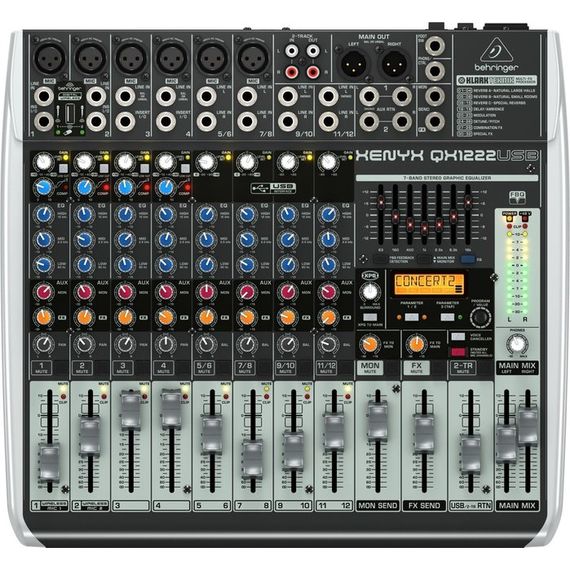BEHRINGER XENYX QX1222USB-EU Пульт микшерный малошумящий премиум-класса (4 моновхода, 4 стереовхода, 1 AUX-шина), USB/аудио интерфейс, XENYX микрофонные предусилители и компрессоры, 3-х полосный "British" эквалайзер и 24-Bit Multi-FX процессор KLARK TEKNIK