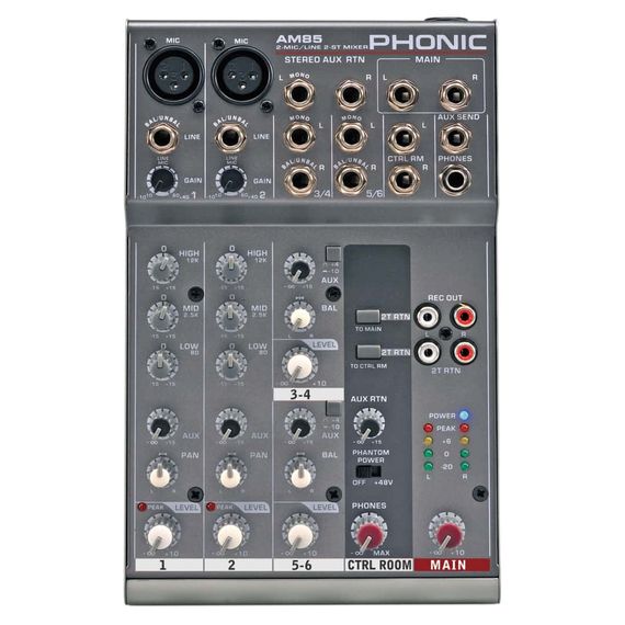 PHONIC AM 85 Микшерный пульт 6-и канальный, 2 моно входа, 2 стерео, 3-х пол. экв. на кажд. (10 шт)