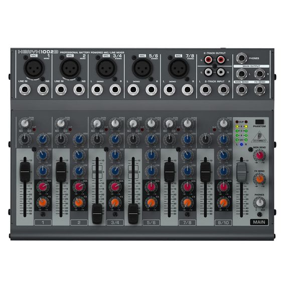 BEHRINGER 1002B аналоговый микшер, 10 каналов, 2 мик.моно + 3 мик.моно/лин. стерео, 2 AUX, Main L/R- Jack, возможно питание 3 баттарей 6LR61 (9В)