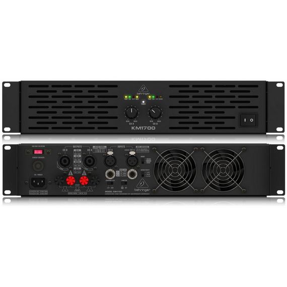 BEHRINGER KM1700 усилитель 2-канальный. Мощность (на канал): 800Вт•4Ω, 500Вт•8Ω, мост 1700Вт•4Ω, XLR/Jack, клеммный зажим+Speakon, лимитер