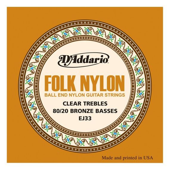 D'ADDARIO EJ33 Folk Nylon Комплект струн для акустической гитары, шарик на конце, нейлон/бронза 80/2