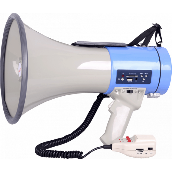 SVS Audiotechnik MG-25 Мегафон со съёмным микрофоном, с функцией записи 20 секунд, встроенным MP3 USB/SD модулем, функцией сирены, мощность 25 Вт, рабочая дистанция до 800 метров.