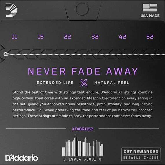 D'ADDARIO XTABR1152 XT Комплект струн для акустической гитары, бронза 80/20, 11-52, с покрытием