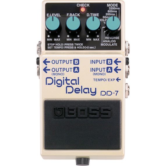 BOSS DD-7 эффект гитарный Digital Delay. Регуляторы: E.LEVEL, F.BACK, D.TIME, MODE. Индикатор: Check
