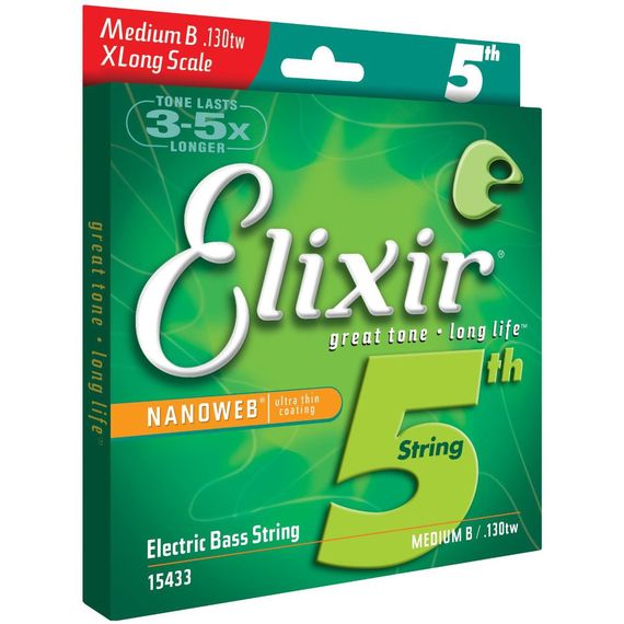 ELIXIR 15433 NANOWEB Отдельная 5-ая струна для бас-гитары, Medium B, .130, никелированная, сужающаяся оплетка