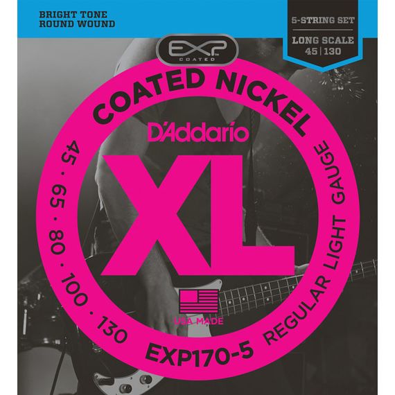 D'ADDARIO EXP170-5 Coated  Light, 45-130, Long Scale,Комплект струн для 5-струнной бас-гитары