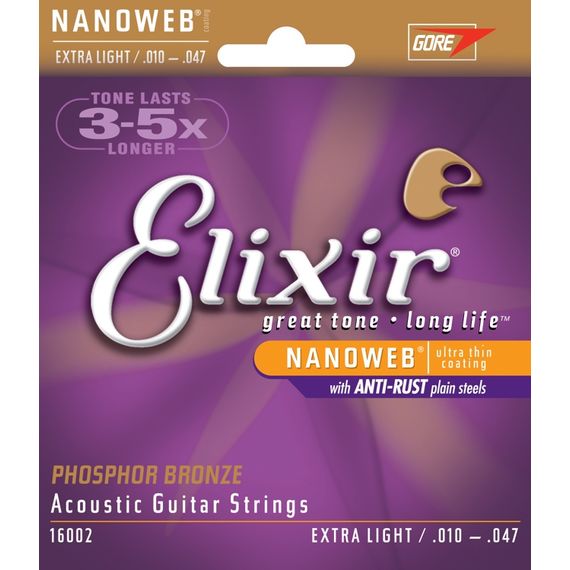 ELIXIR 16002 NANOWEB струны для акустической гитары Phos Bronze,Extra Light (010-014-023-030-039-047), ультра тонкое покрытие NanoWeb, фосфорная бронза