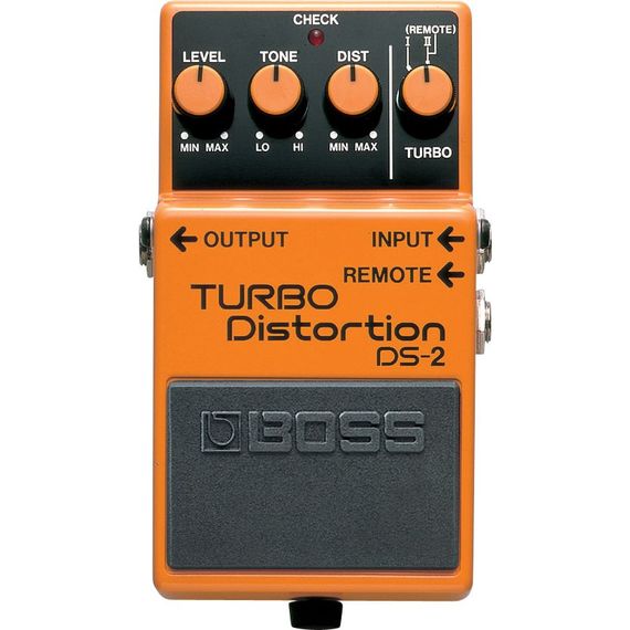 BOSS DS-2 эффект гитарный Turbo Distortion. Регуляторы: Level, Tone, Dist и Turbo. Индикатор Check .