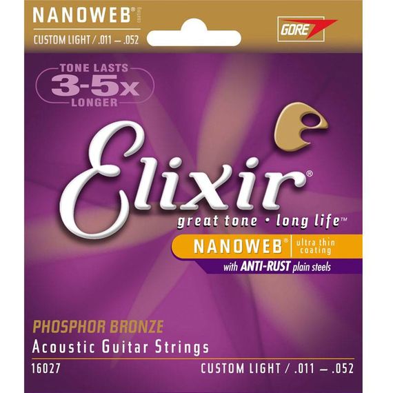 ELIXIR 16027 NANOWEB струны для акустической гитары, Phos Bronze Custom Light (011-015-022-032-042-052), ультра тонкое покрытие NanoWeb, фосфорная бронза