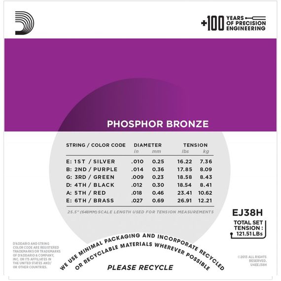 EJ38H Phosphor Bronze Дополнительные высокие струны для 12-струнной гитары, High Strung/Nashvil, 10-27, D'Addario