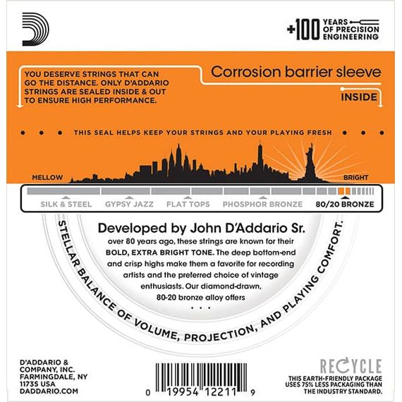EJ10 BRONZE 80/20 Струны для акустической гитары бронза Extra Light 10-47 D`Addario